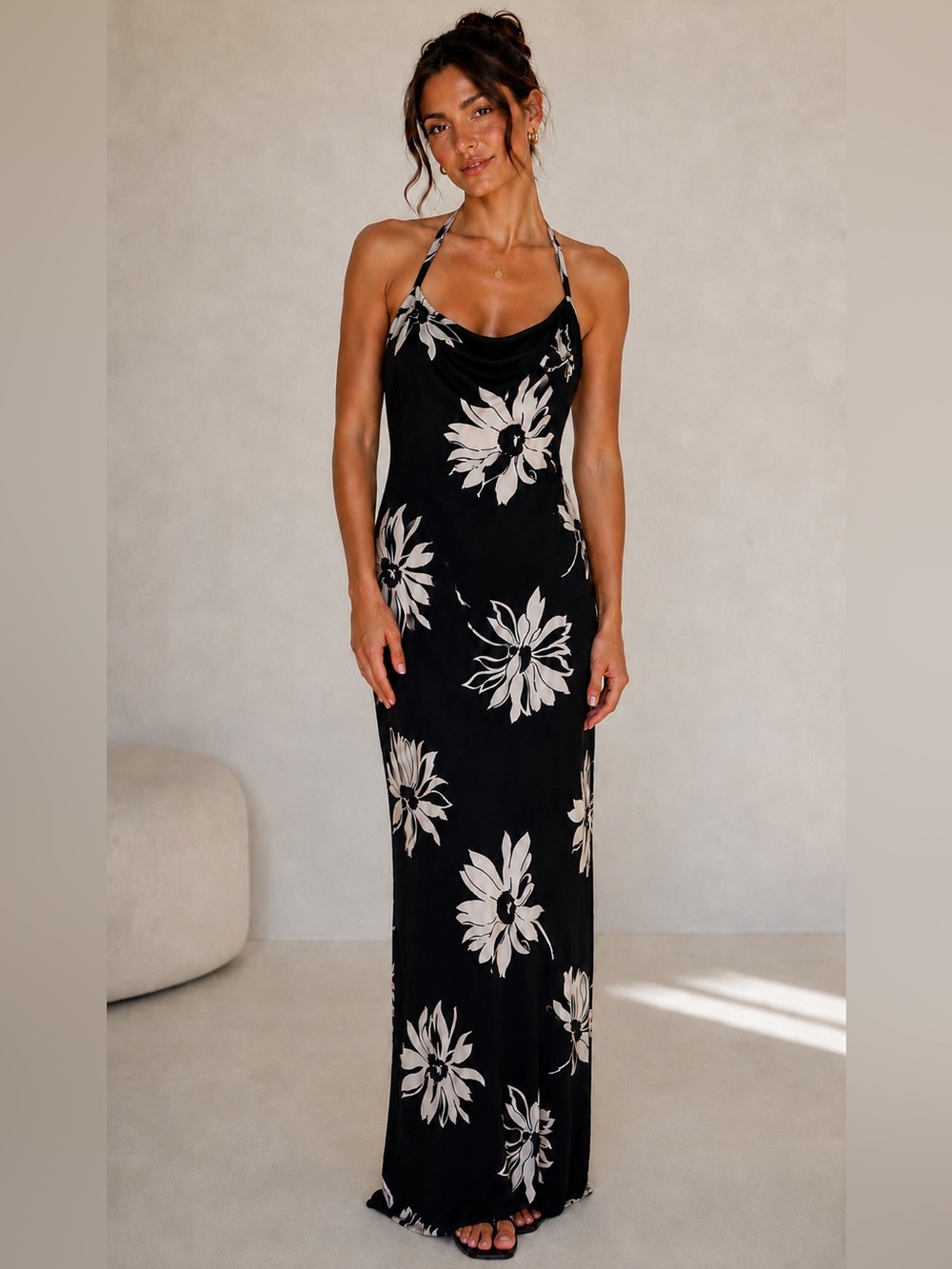 Lauren Ralph Lauren Black & White Floral Halter Neck Maxi Dress Size Small